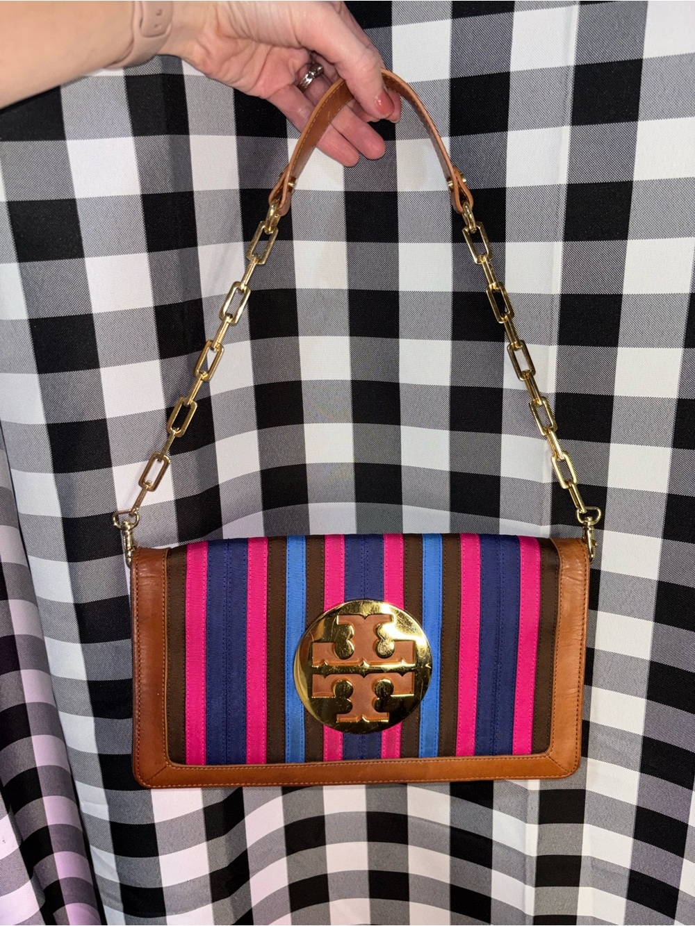 Tory Burch Striped Canvas Logo Clutch and Shoulder Bag